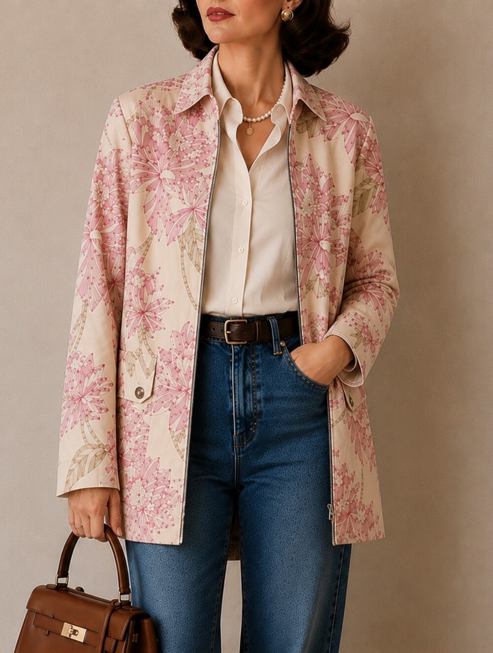 TOMMY HILFIGER VINTAGE 90s FLORAL CREAM AND PINK CLASSIC FULL ZIP JACKET MEDIUM
